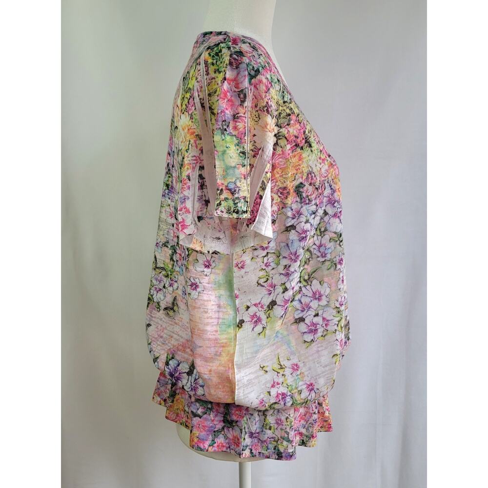 Sundance Boho Butterflies Floral Watercolor Sublimation Print Ruffle Top Size L - Picture 3 of 12